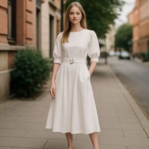 Nordstrom Puff Sleeve Belted White Cotton half calf length dress Size XS